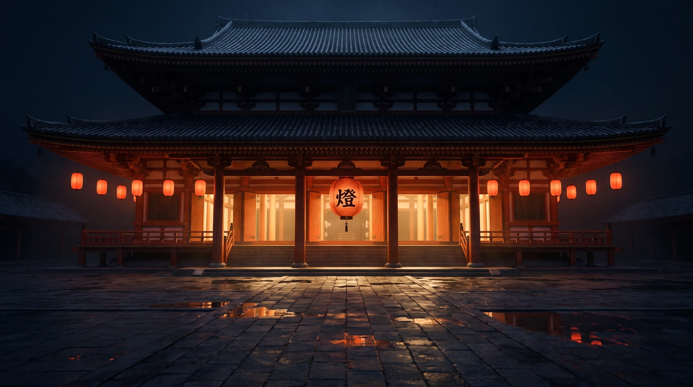 The main hall across the wet forecourt at night